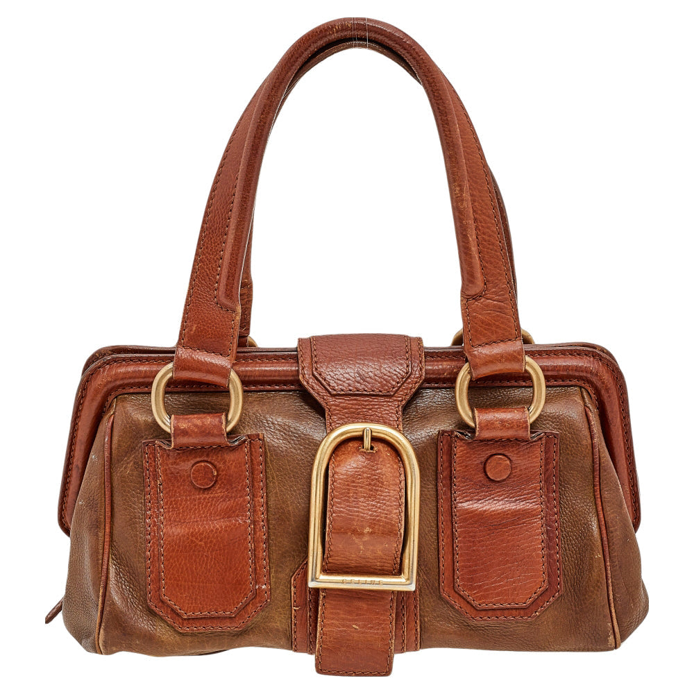Luxury CELINE Two Tone Brown Leather Ella Frame Satchel