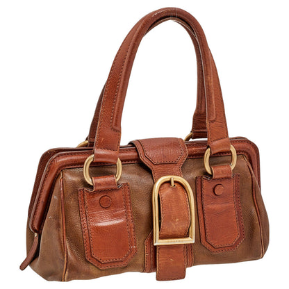 Luxury CELINE Two Tone Brown Leather Ella Frame Satchel