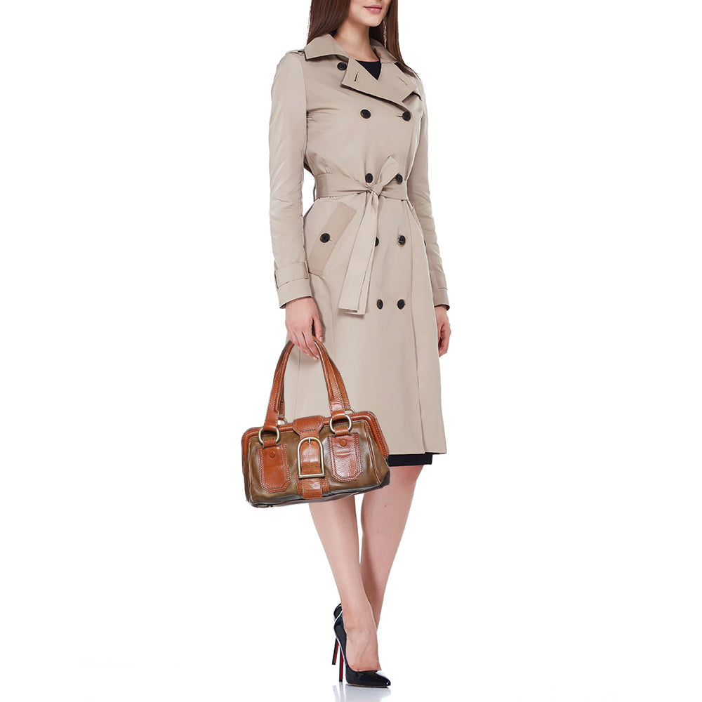 Luxury CELINE Two Tone Brown Leather Ella Frame Satchel
