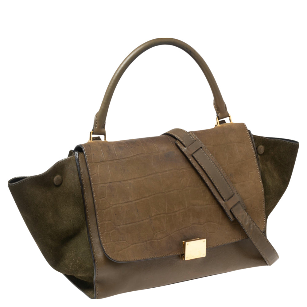 Luxury CELINE Tri Color Leather and Suede Medium Trapeze Top Handle Bag