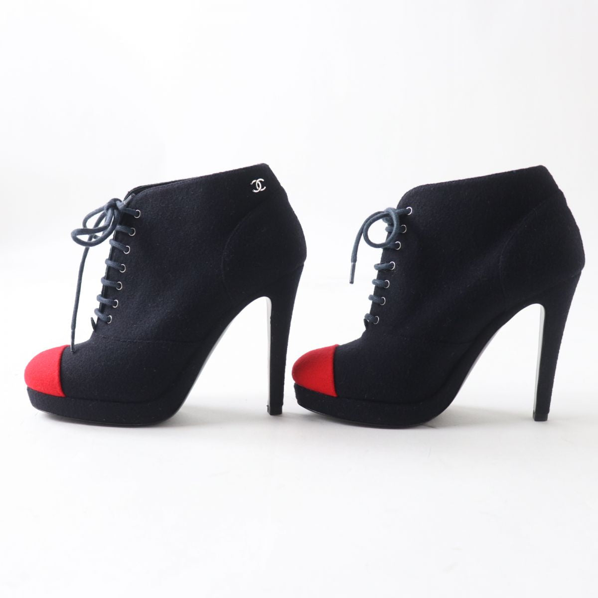 CHANEL Booties wool Navy x Red xSilver Women 35 1/2 C