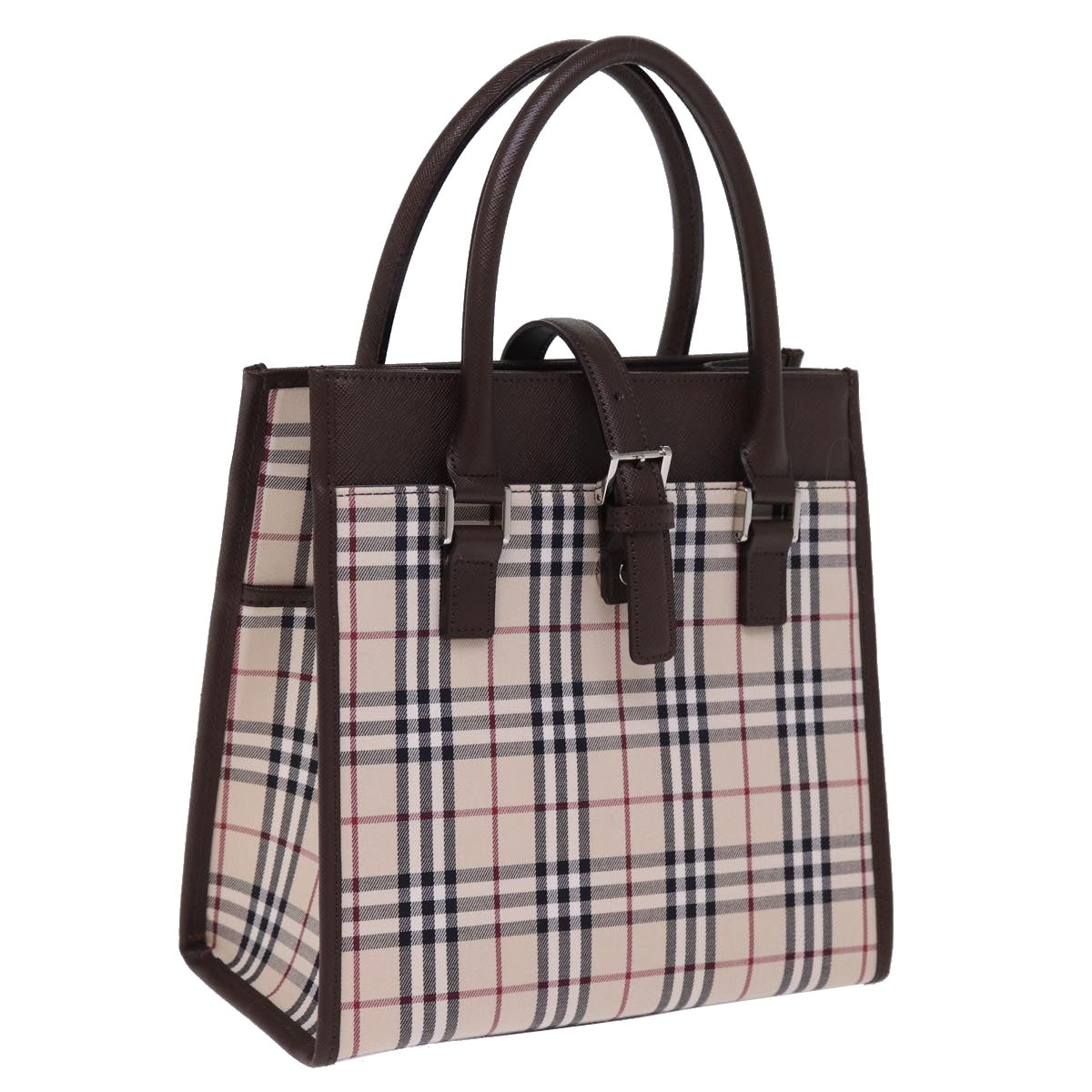 Luxury Burberry Nova Check Hand Bag Nylon Canvas Beige Auth mr245