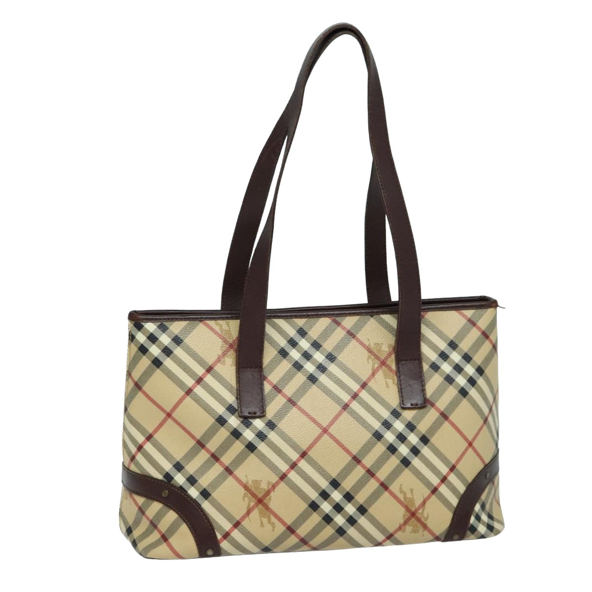 Luxury Burberry Nova Check Tote Bag PVC Leather Beige Auth mr261