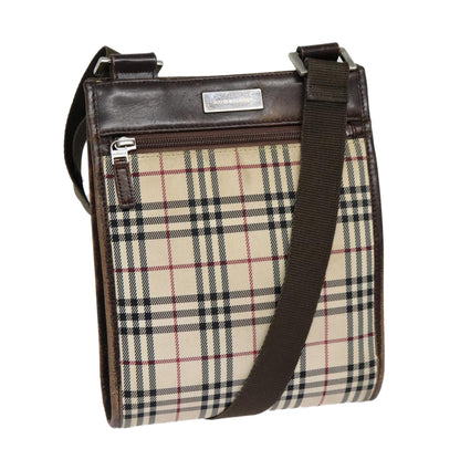 Luxury Burberry Nova Check Shoulder Bag Canvas Leather Beige Brown Silver Auth mr422