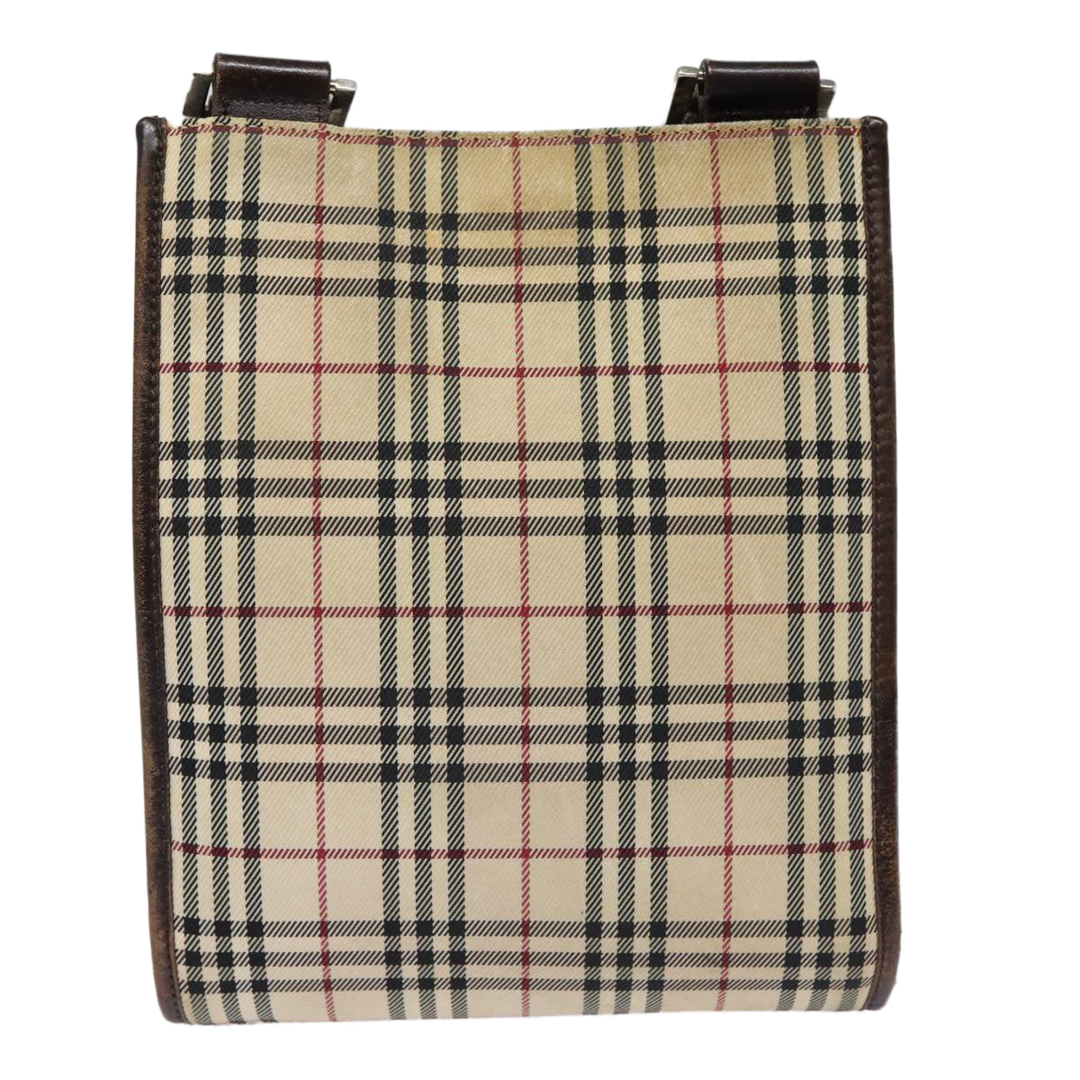 Luxury Burberry Nova Check Shoulder Bag Canvas Leather Beige Brown Silver Auth mr422