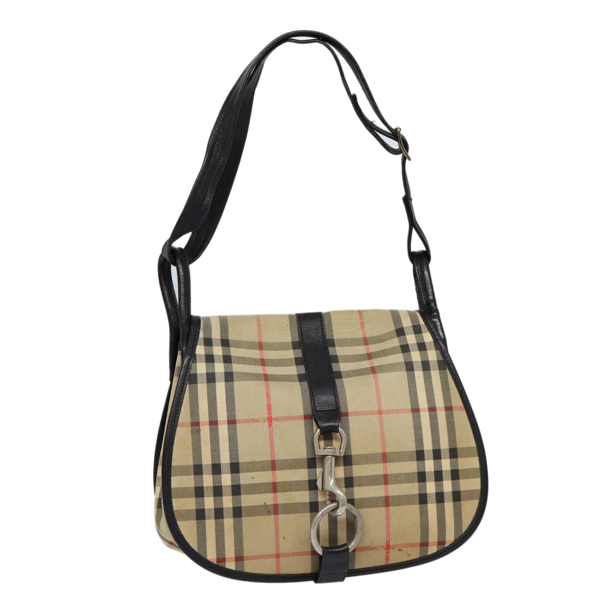 Luxury BurberrySs Nova Check Shoulder Bag Canvas Beige Black Silver Auth mr460