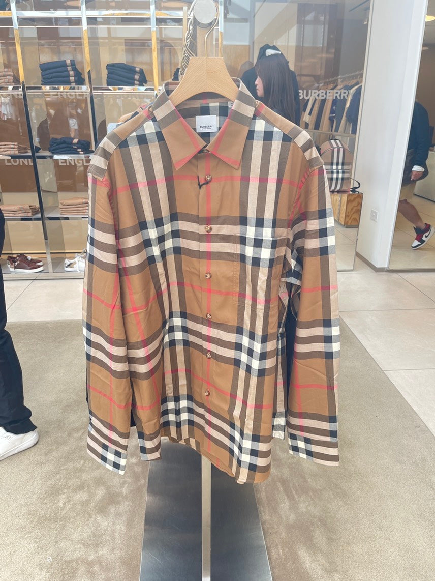 Luxury Burberry Claverdon Check Long Sleeve Men's Shirt Brown XL