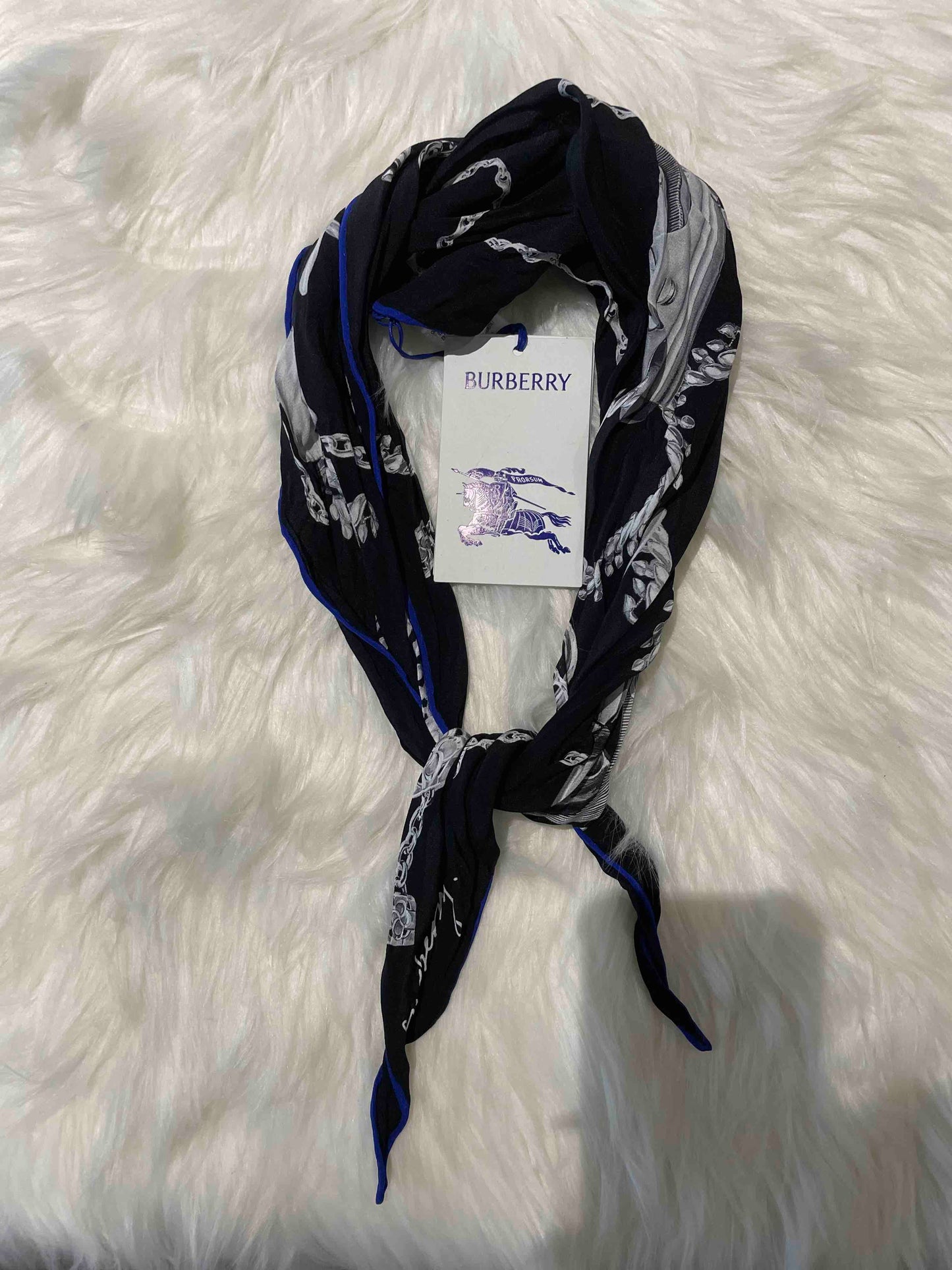 Luxury Burberry Silver Knight C Silk Scarf Black
