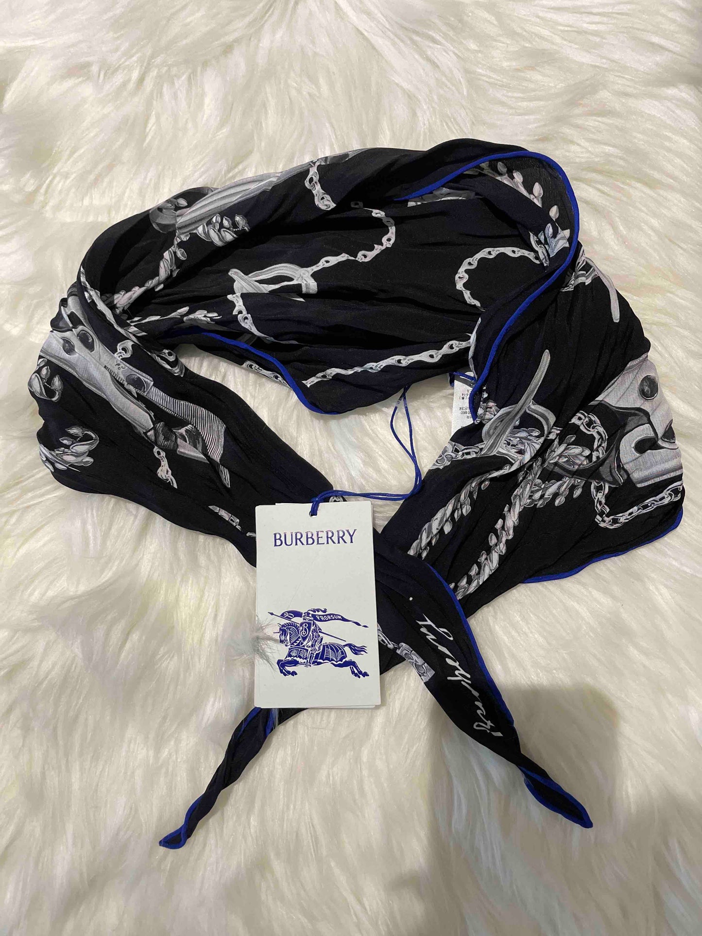 Luxury Burberry Silver Knight C Silk Scarf Black