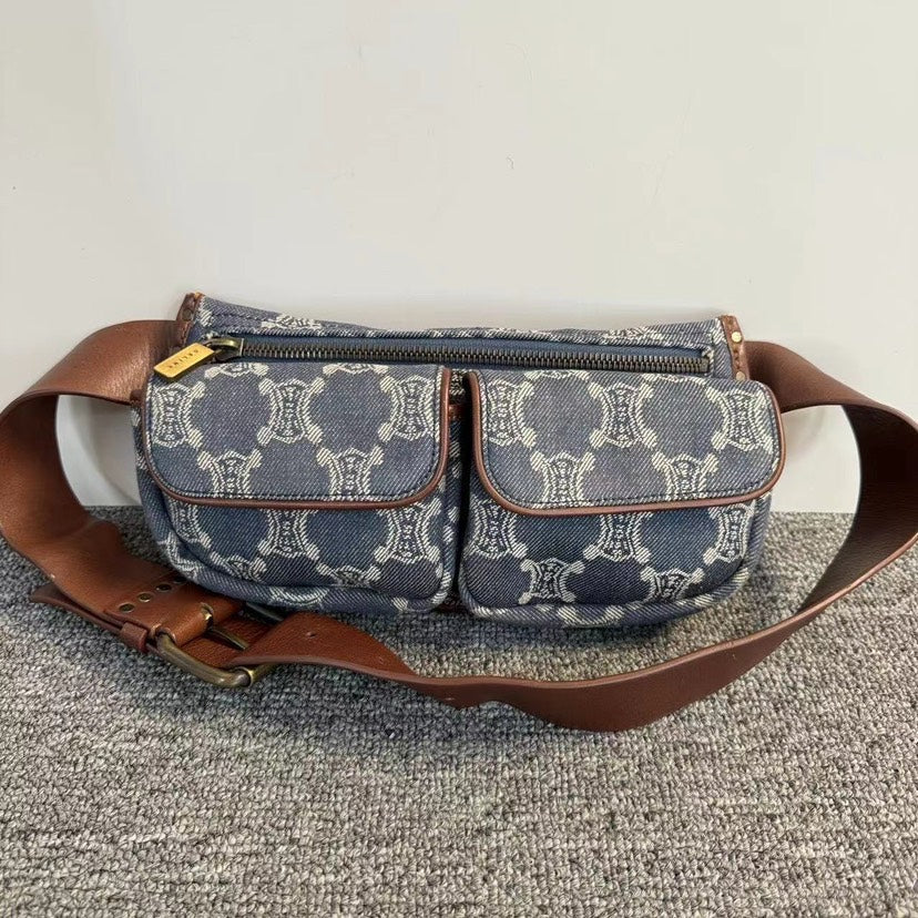 Luxury CELINE Triomphe Blue Canvas Belted Waist Bag Medium