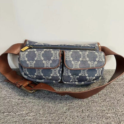 Luxury CELINE Triomphe Blue Canvas Belted Waist Bag Medium