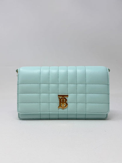 Luxury Burberry Lola Clutch with Chain Light Blue Leather
