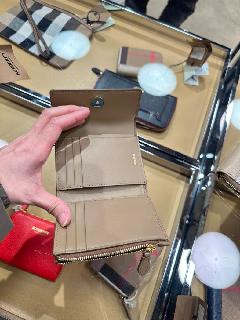 Luxury Burberry LS Lancaster Wallet in Beige Leather Plaid Style
