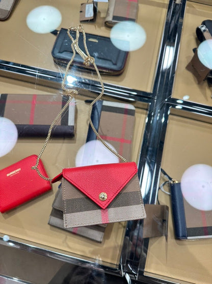Luxury Burberry Jade Plaid Card Holder with Chain - Red and Brown Leather