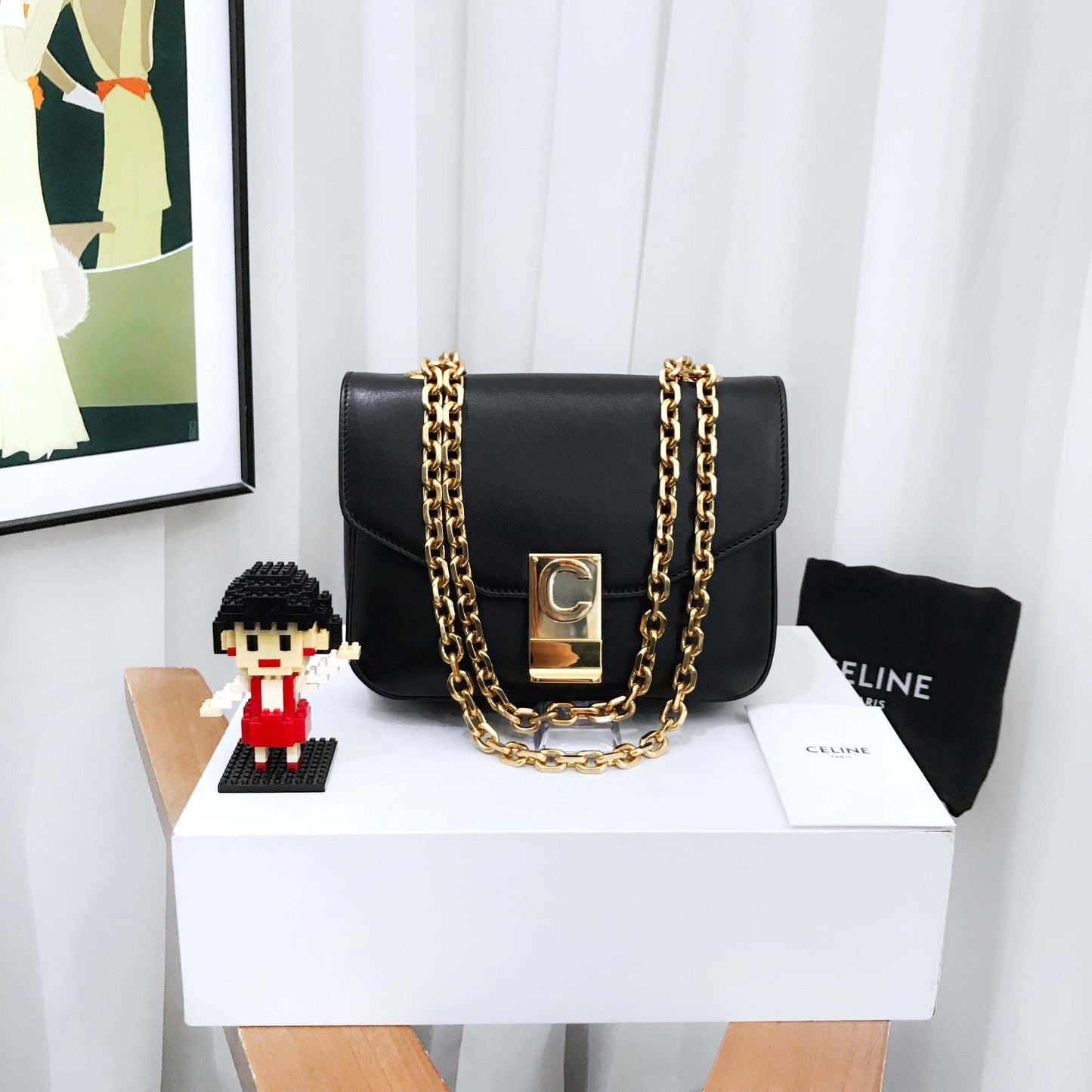 Luxury CELINE C Bag Black Leather Chain Strap Small