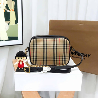 Luxury Burberry 1983 Check Canvas Leather Camera Bag Beige