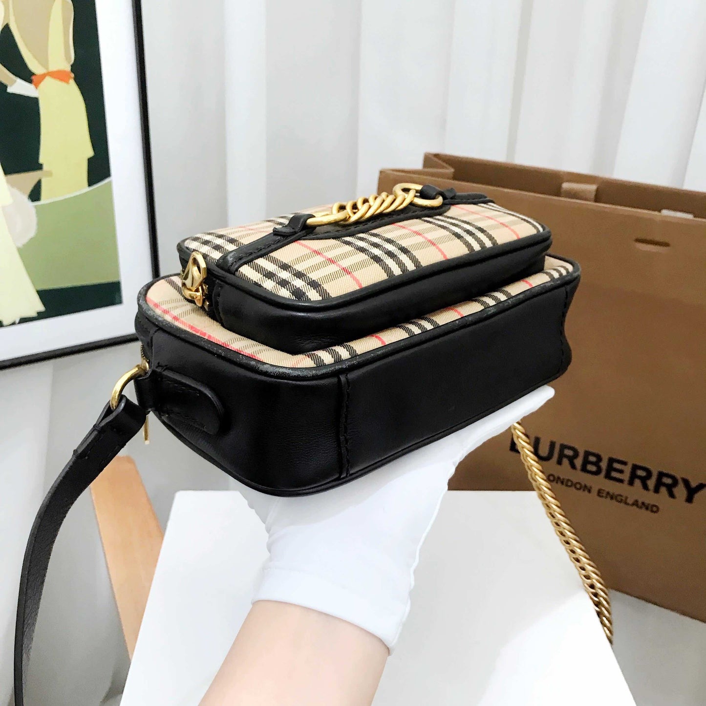 Luxury Burberry 1983 Check Canvas Leather Camera Bag Beige