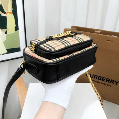 Luxury Burberry 1983 Check Canvas Leather Camera Bag Beige