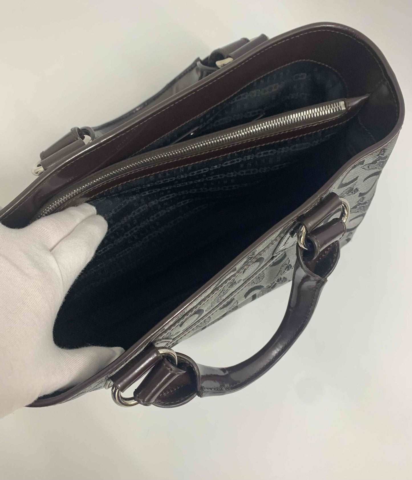 Luxury CELINE Vintage Pattern Gray Canvas Top Handle Bag