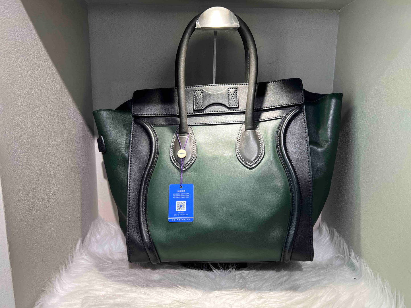 Luxury CELINE Luggage Smiling Face Bag in Green and Black Leather