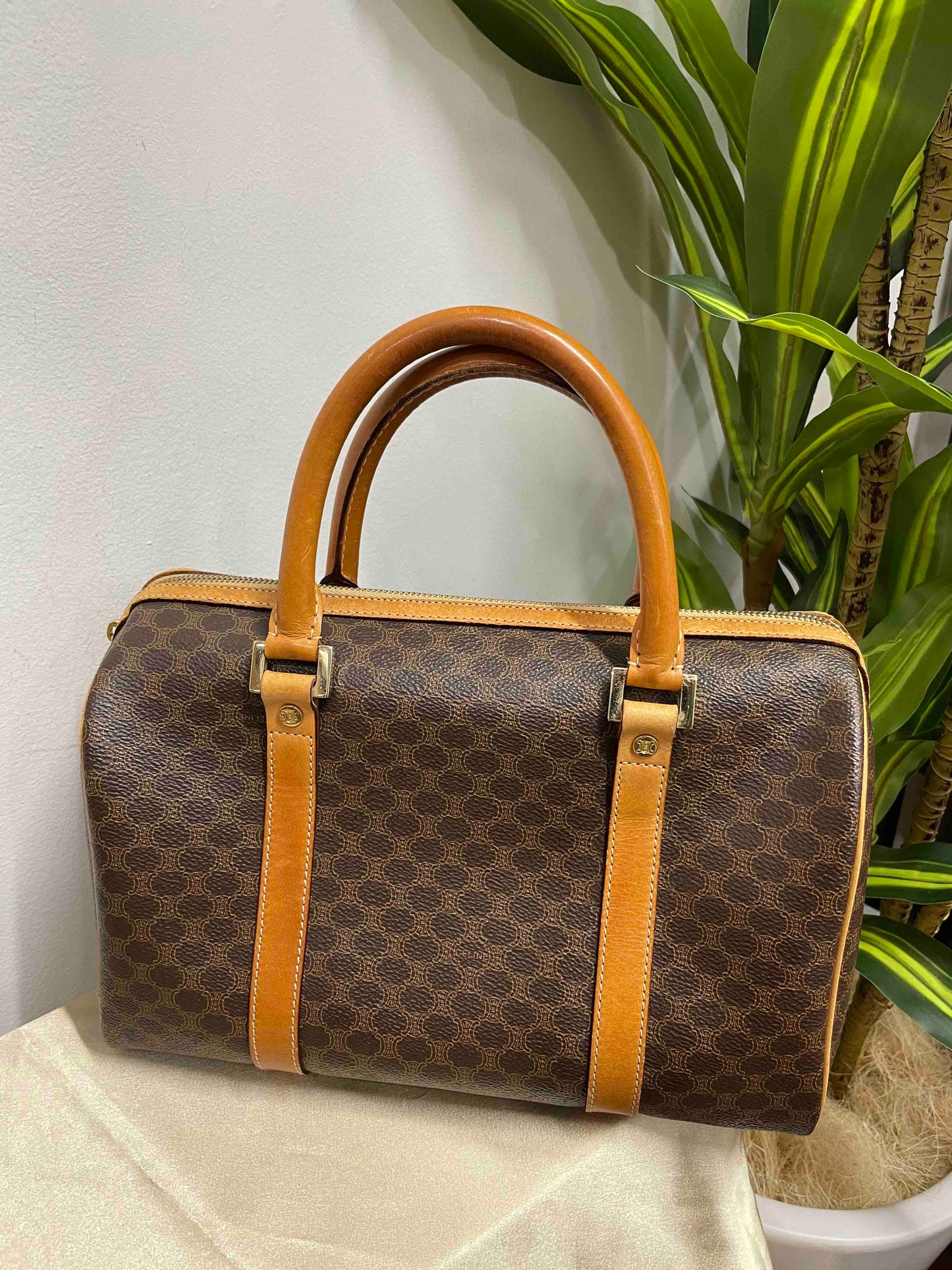 Luxury CELINE Monogram Boston Bag in Brown Canvas