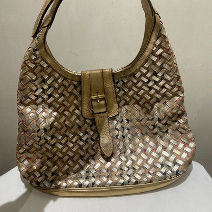 Luxury Burberry Woven Gold Metallic Hobo Bag