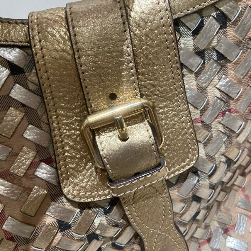 Luxury Burberry Woven Gold Metallic Hobo Bag