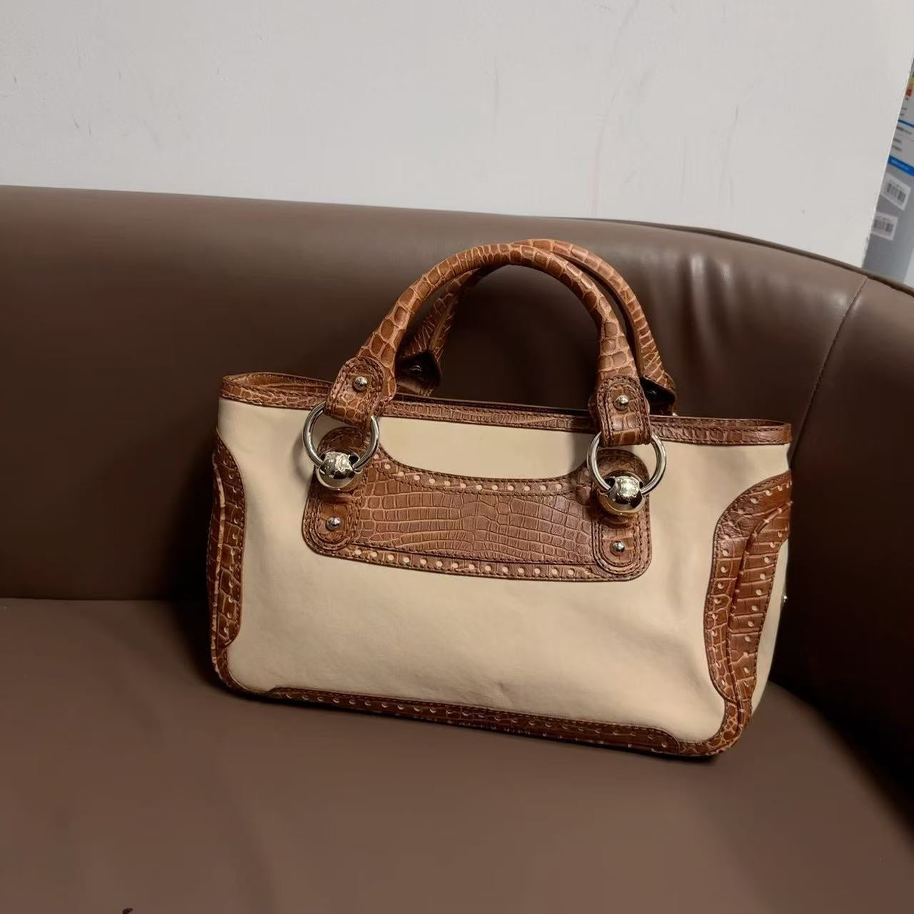 Luxury CELINE  Tote Bag in Brown and Beige Leather - Large Designer Handbag