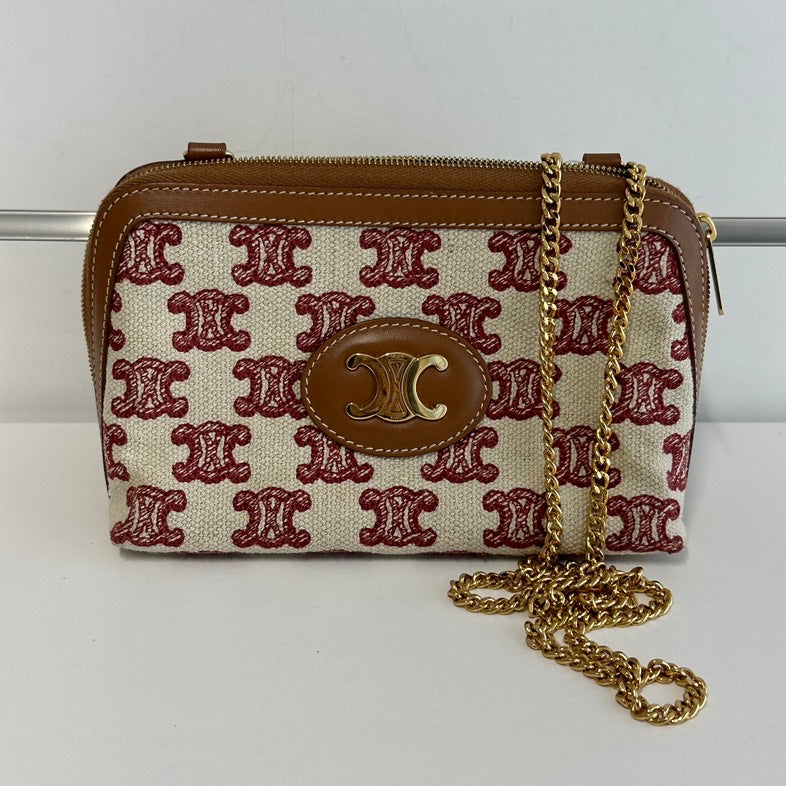 Luxury CELINE Chain Canvas Bag 3340 in Red and Brown Monogram Stylish Shoulder Bag