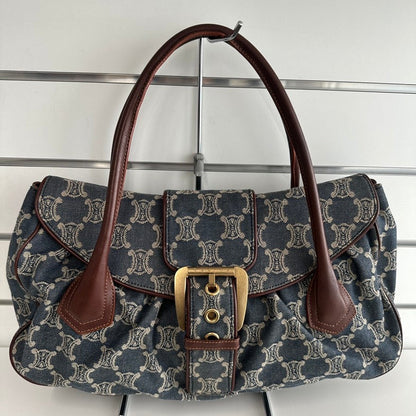 Luxury CELINE Macadam Canvas and Leather Hobo Bag in Blue - Vintage Collection