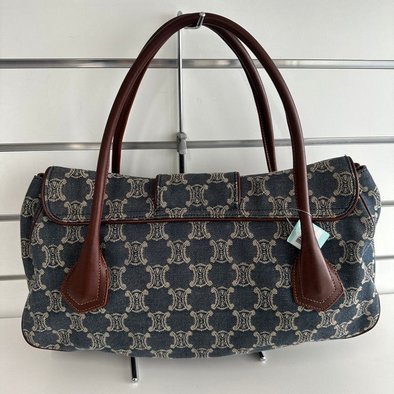 Luxury CELINE Macadam Canvas and Leather Hobo Bag in Blue - Vintage Collection