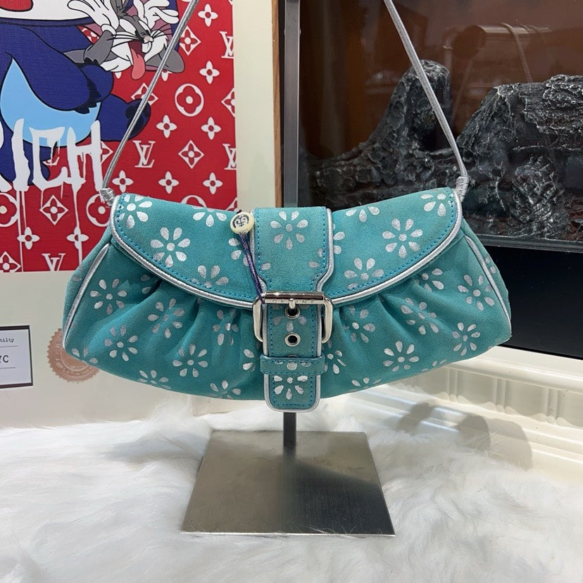 Luxury CELINE Vintage Floral Hobo Bag in Turquoise Canvas