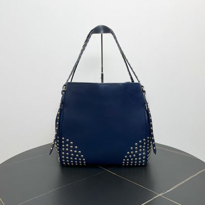 Luxury Burberry Studded Tote Bag in Navy Leather