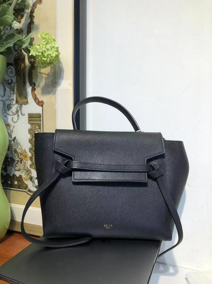 Luxury CELINE Belt Bag #9C Black Leather Top Handle Medium