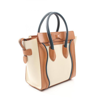 Luxury CELINE Luggage Micro Shopper Handbag Ivory Light Brown Leather Tote Bag