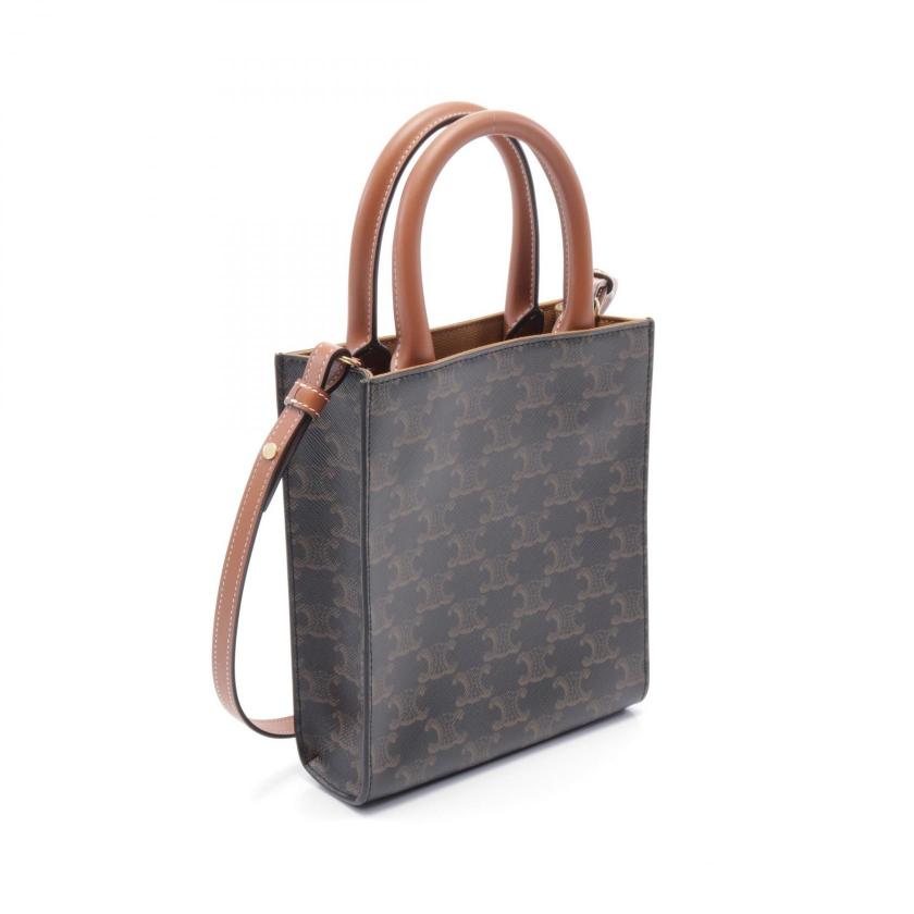 Luxury CELINE Mini Vertical Cabas Triomphe Handbag Black Brown 2WAY PVC Leather