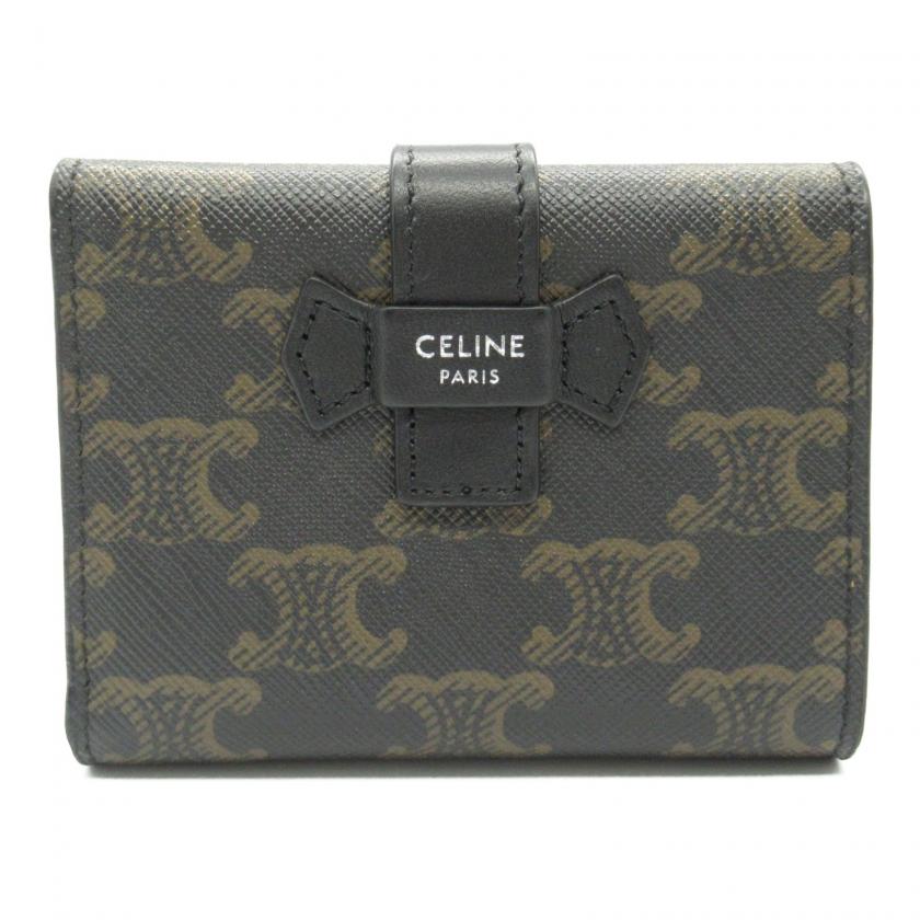 Luxury CELINE Triomphe Trifold Wallet Black PVC Coated Canvas Leather