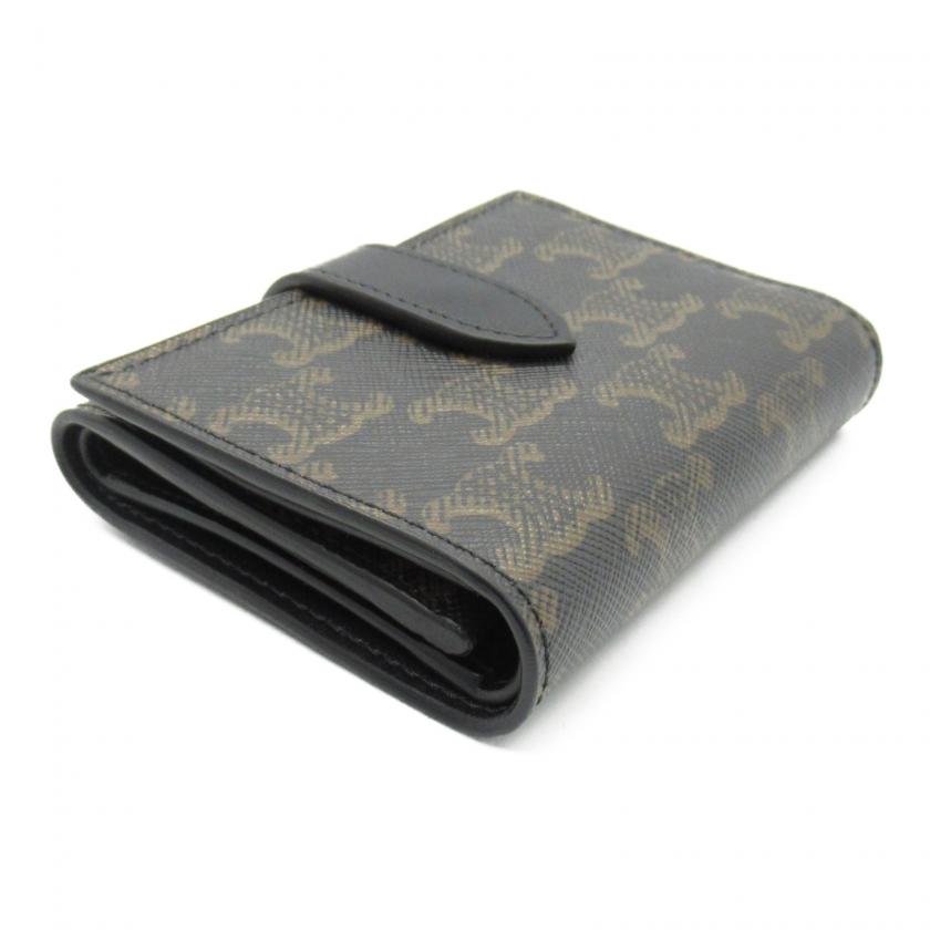 Luxury CELINE Triomphe Trifold Wallet Black PVC Coated Canvas Leather