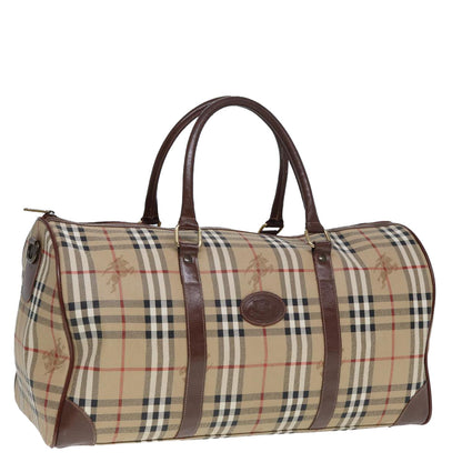 Luxury BurberrySs Nova Check Boston Bag PVC Leather Beige Auth tb1105