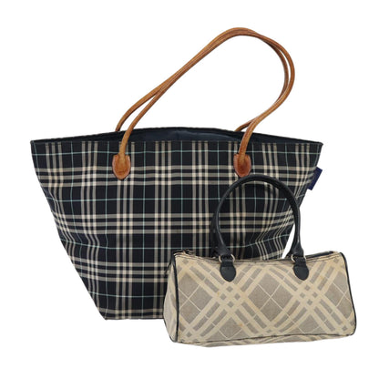 Luxury Burberry s Nova Check Blue Label Hand Bag Canvas 2Set Navy Auth ti1802
