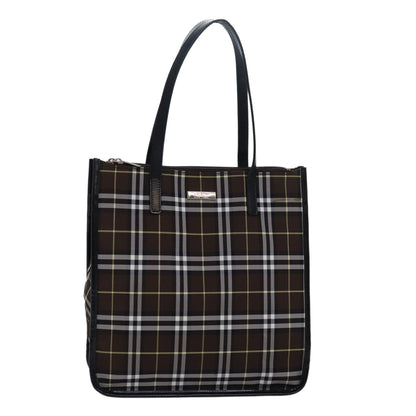 Luxury BurberrySs Nova Check Blue Label Tote Bag Nylon Leather Brown Black Auth ti1822