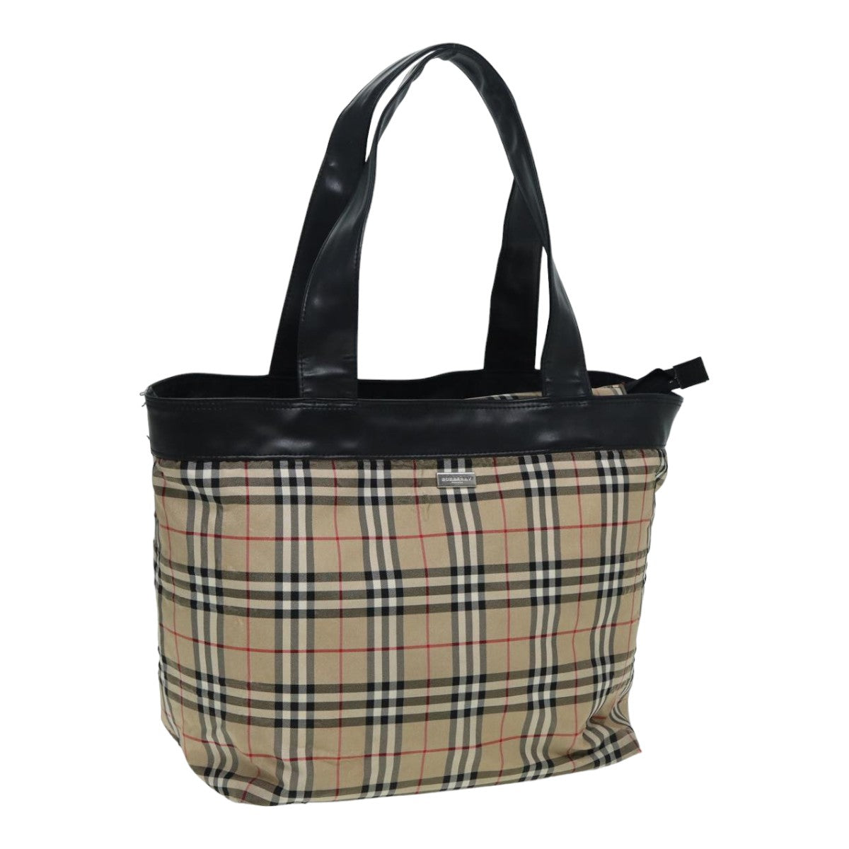 Luxury Burberry Nova Check Tote Bag Nylon Beige Black Auth ti1868