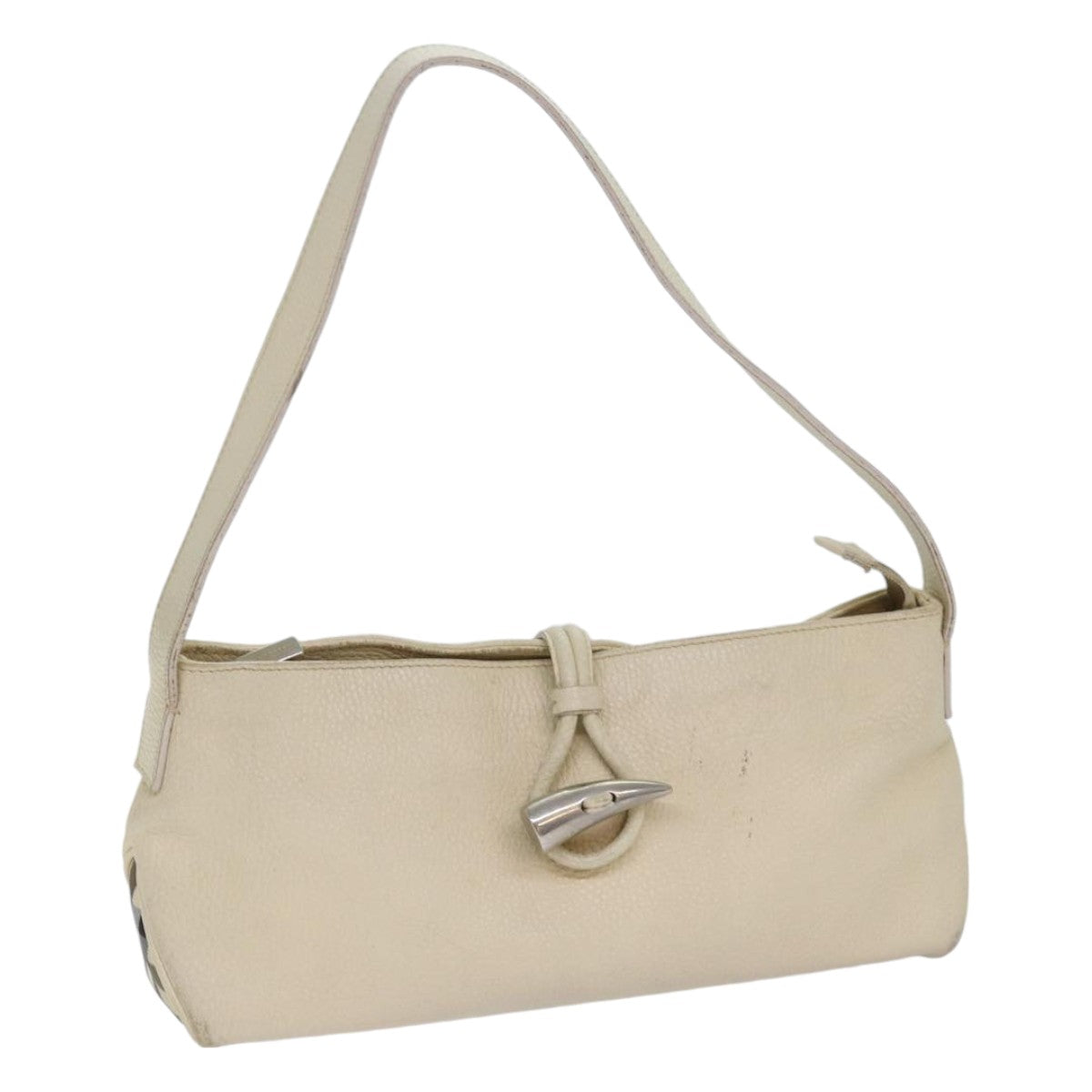Luxury Burberry Shoulder Bag Leather Cream Silver Auth ti1931