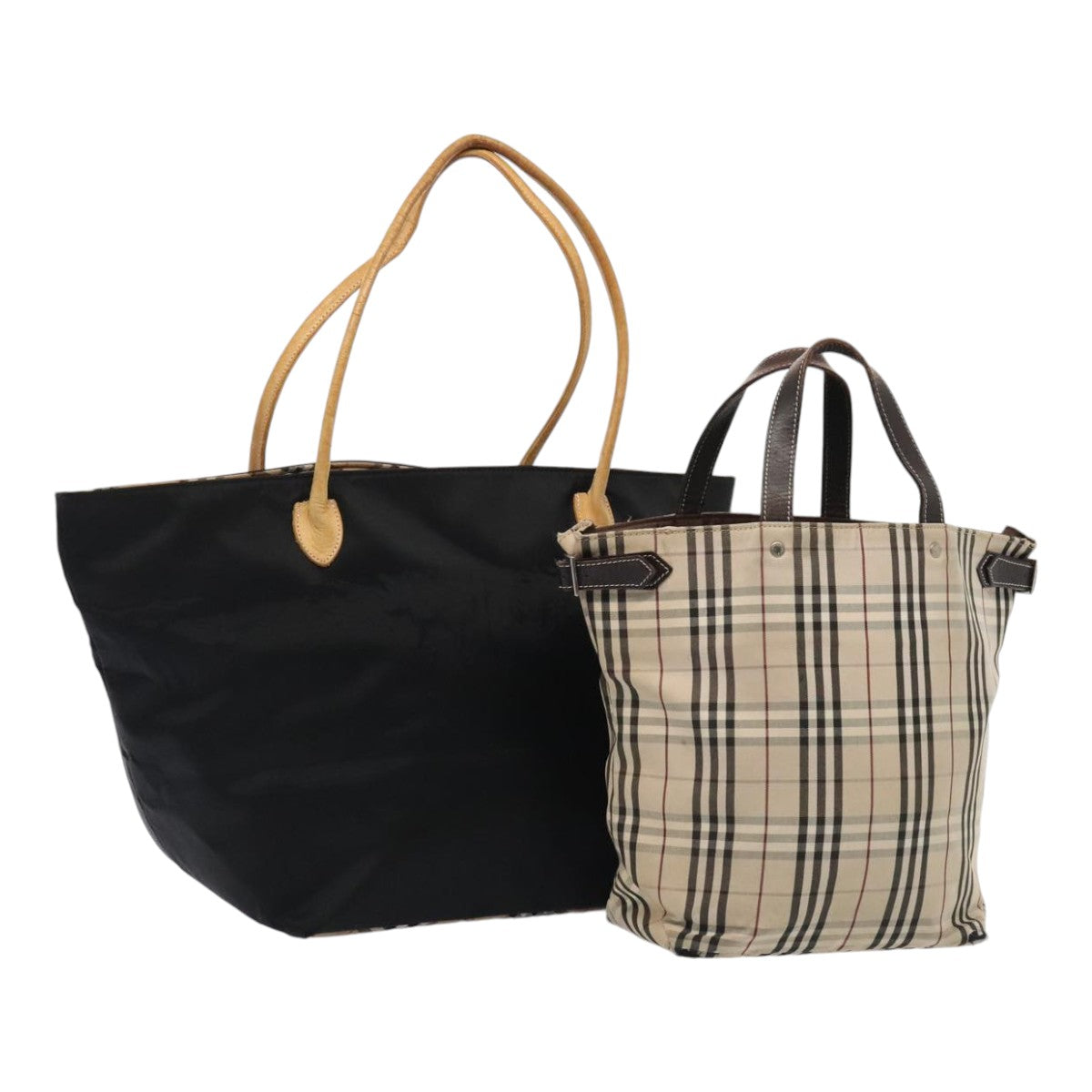 Luxury BurberrySs Nova Check Hand Bag Canvas 2Set Beige Black Auth ti1995