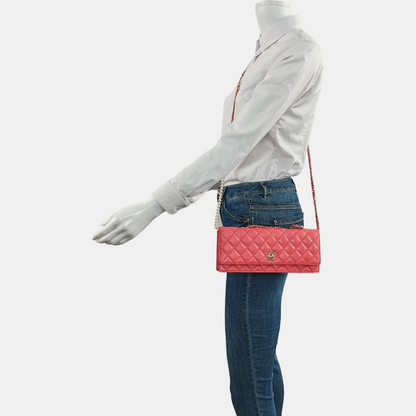 Chanel East West Single Flap Bag Pearl Chain Clutch Pink Lambskin