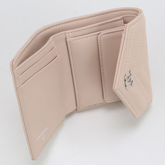 CHANEL A84346 Tri-fold wallet Chevron V Stitch Small flap wallet  leather pink Women