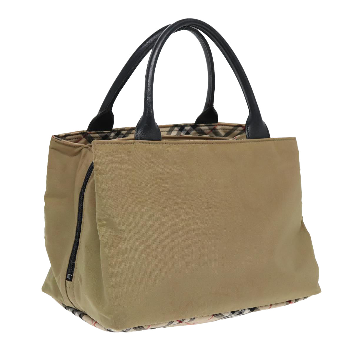 Luxury Burberry Nova Check Hand Bag Nylon Leather Beige Black Auth yb589