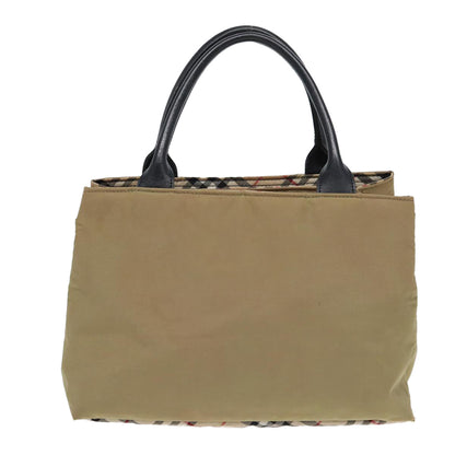 Luxury Burberry Nova Check Hand Bag Nylon Leather Beige Black Auth yb589