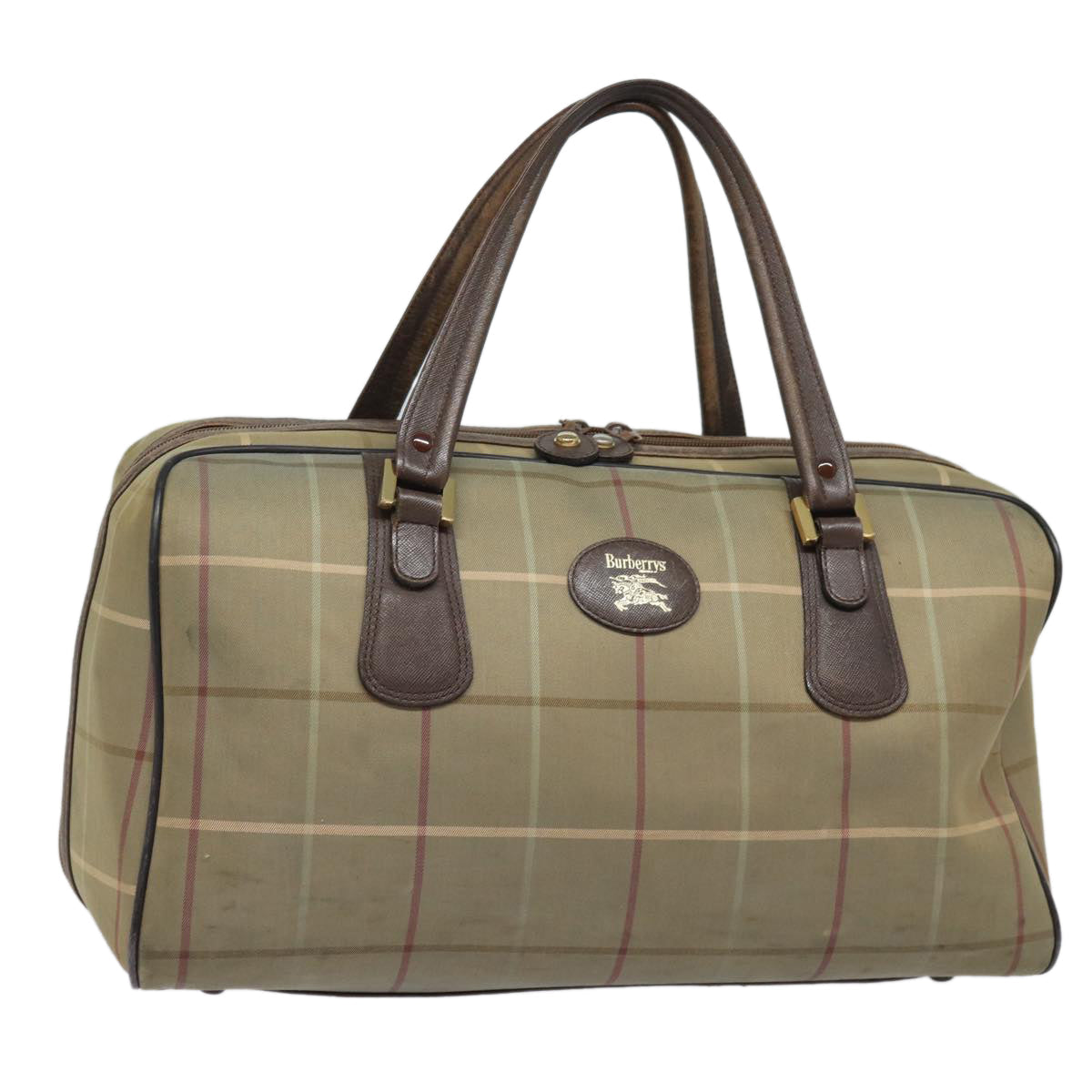 Luxury BurberrySs Nova Check Boston Bag Canvas Leather Beige Brown Auth yb602