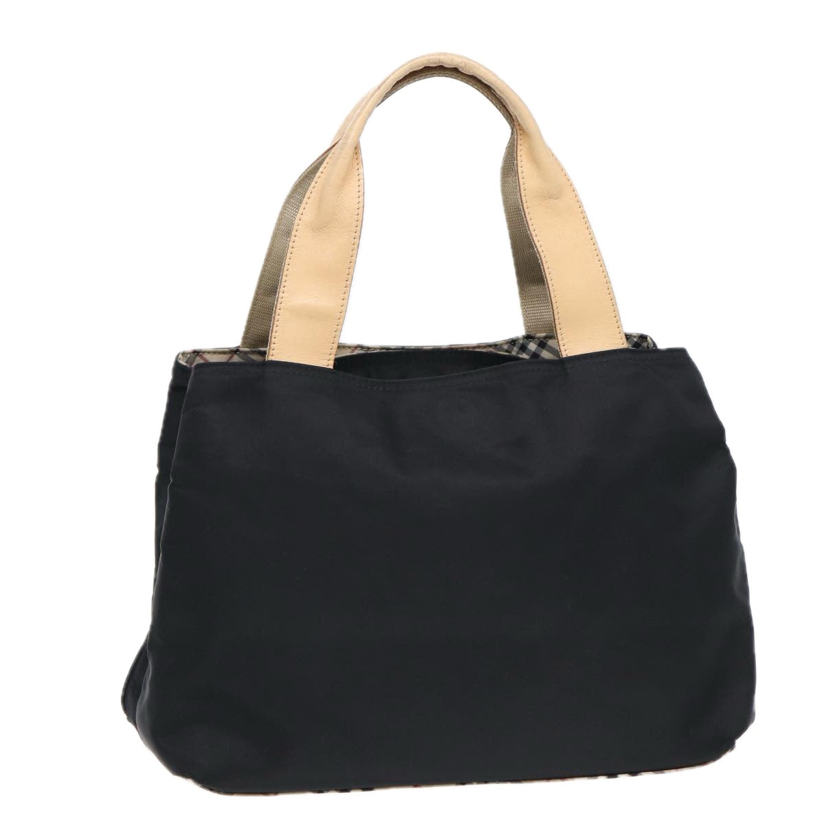 Luxury Burberry Nova Check Hand Bag Nylon Beige Black Auth yb631